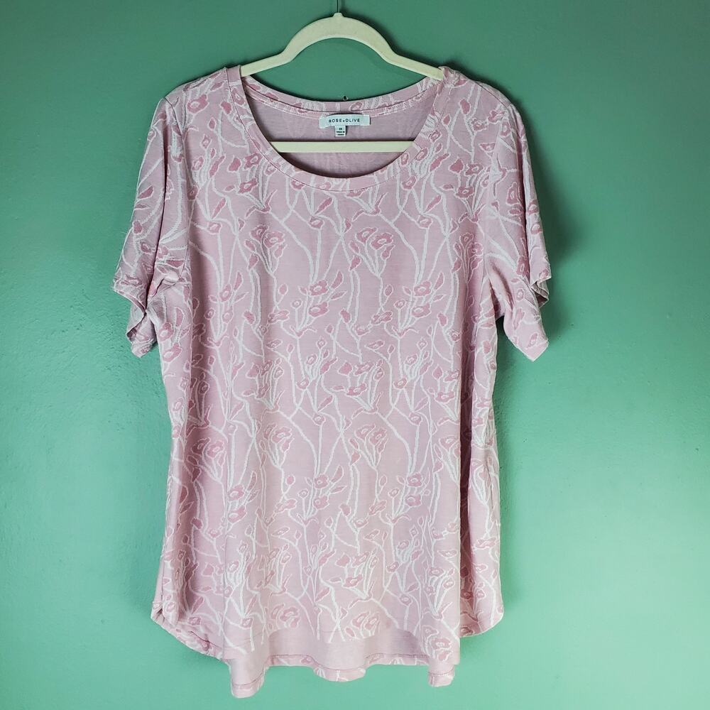 Rose + Olive Womens Pink Floral Allover Print Short Sleeve Shirt Top Size 2X